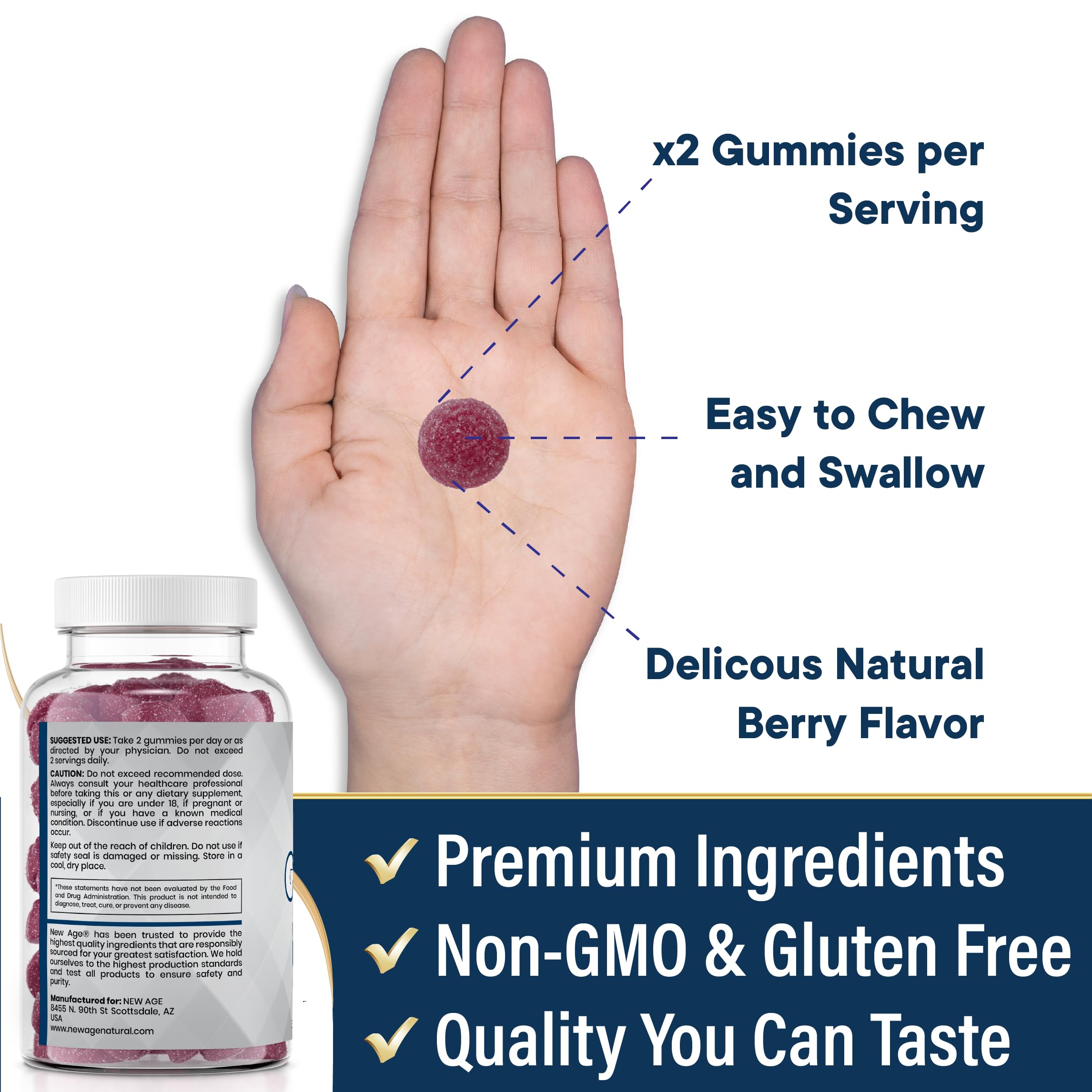 NEW AGE etiqueta nutricional visible que indica pruebas de pureza y GMP