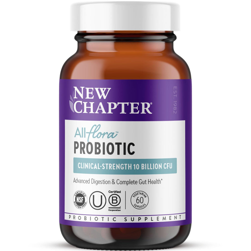 New Chapter frasco All‑Flora vista frontal con beneficio de soporte digestivo