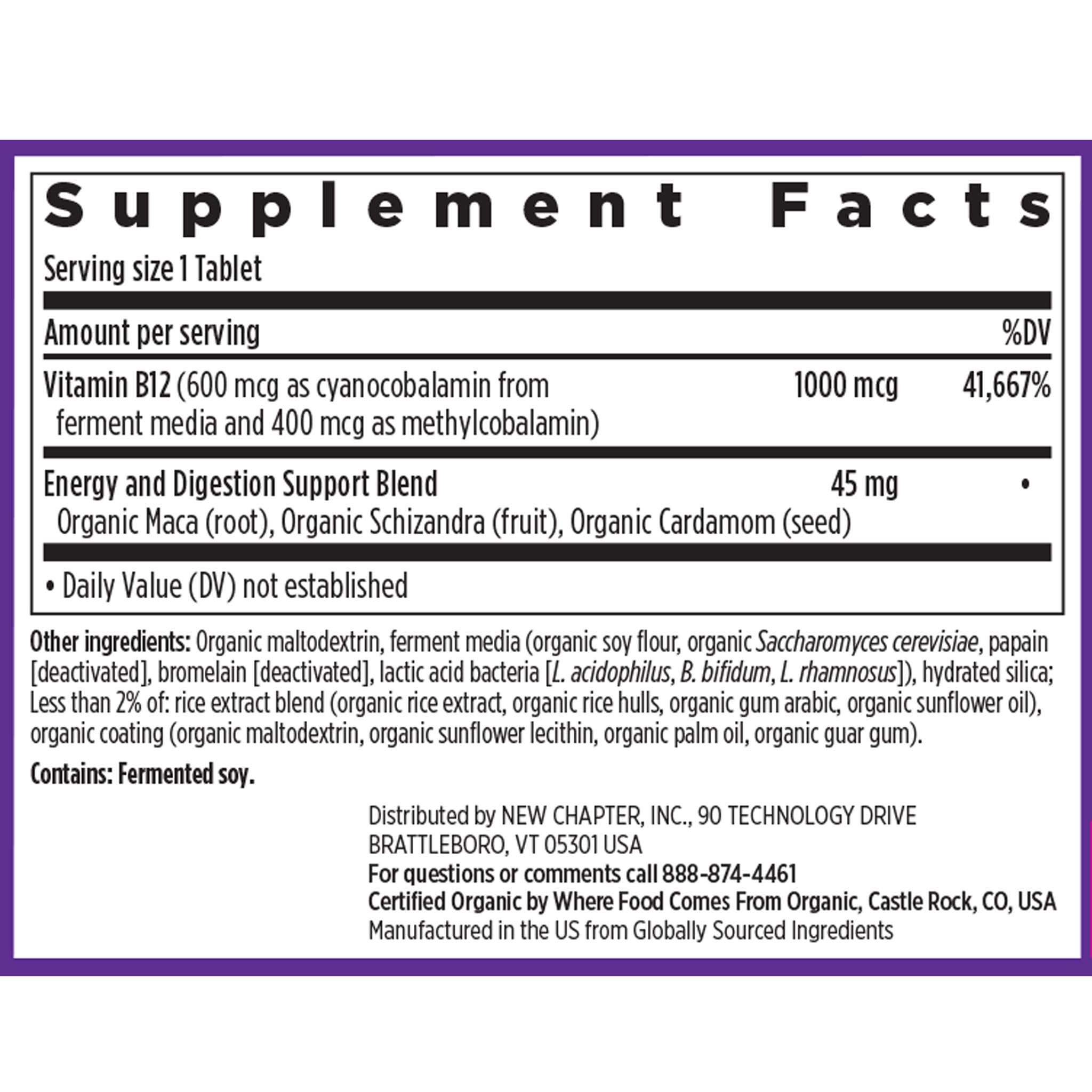 New Chapter sello orgánico y sin gluten evidenciando calidad certificada