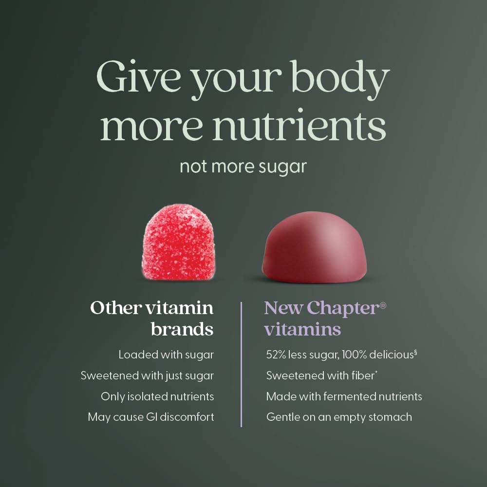 New Chapter etiqueta nutricional en detalle mostrando vitaminas clave y baja azúcar