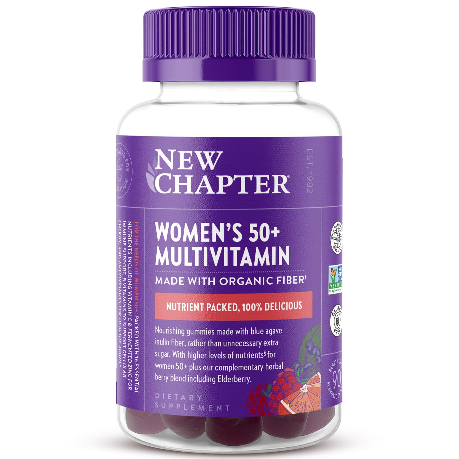 New Chapter frontal del envase que muestra la fórmula para mujeres 50+ y beneficio claro