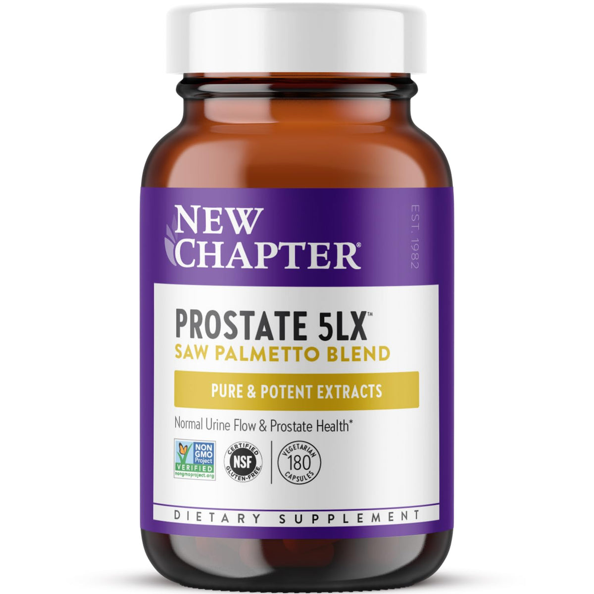 New Chapter botella frontal mostrando Prostate 5LX y beneficio de apoyo prostático