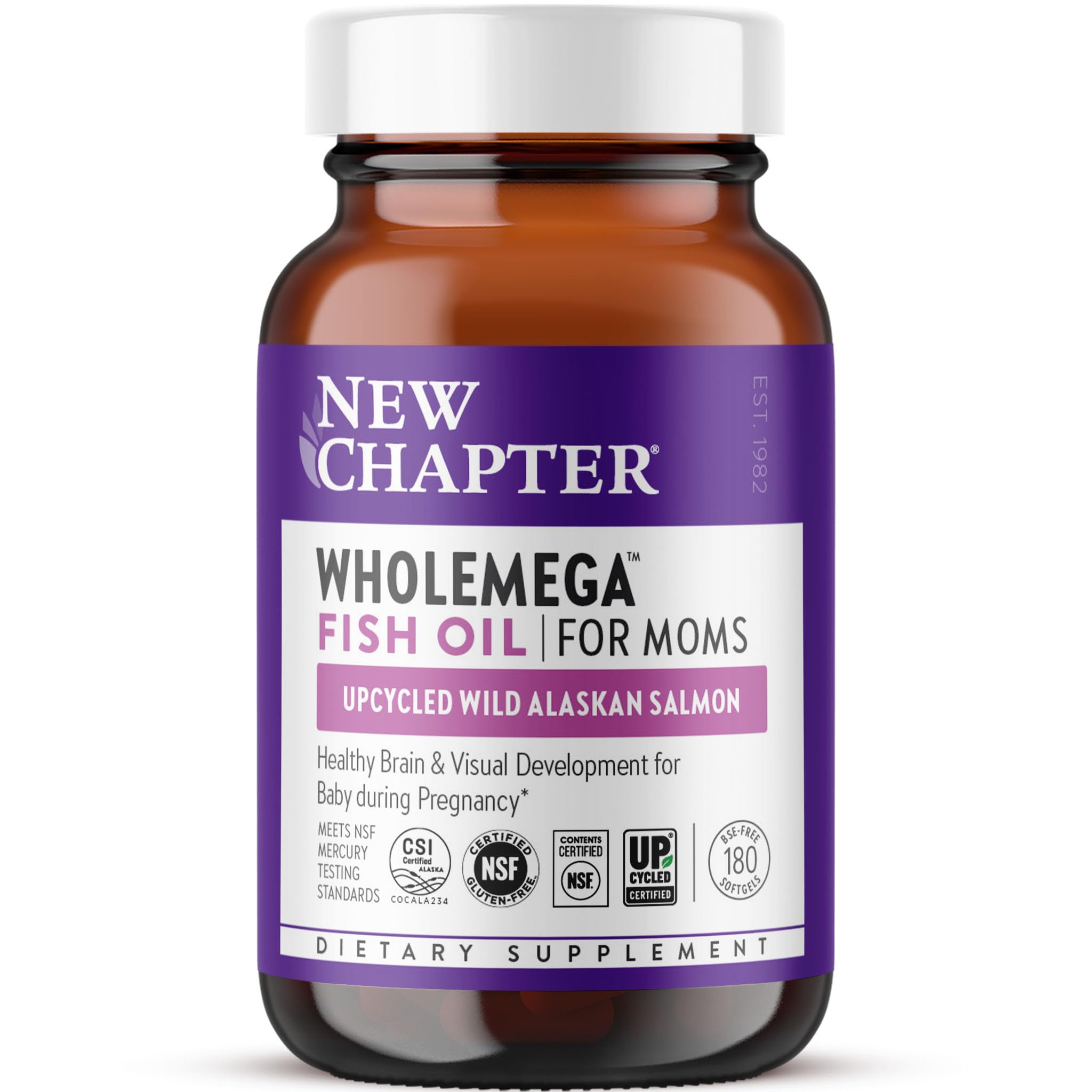 New Chapter envase frontal que muestra Wholemega for Moms y beneficio prenatal