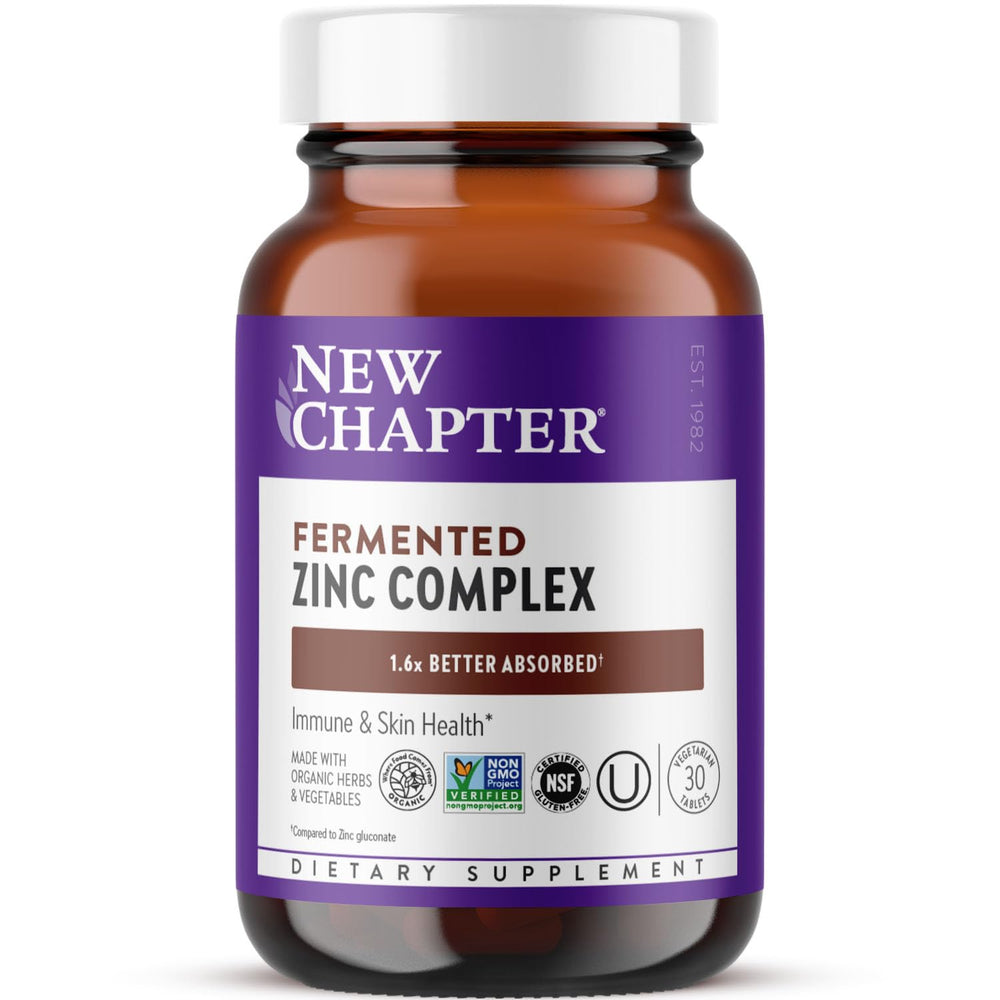 New Chapter envase frontal mostrando fórmula de zinc fermentado y beneficios