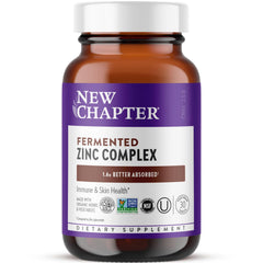 New Chapter envase frontal mostrando fórmula de zinc fermentado y beneficios