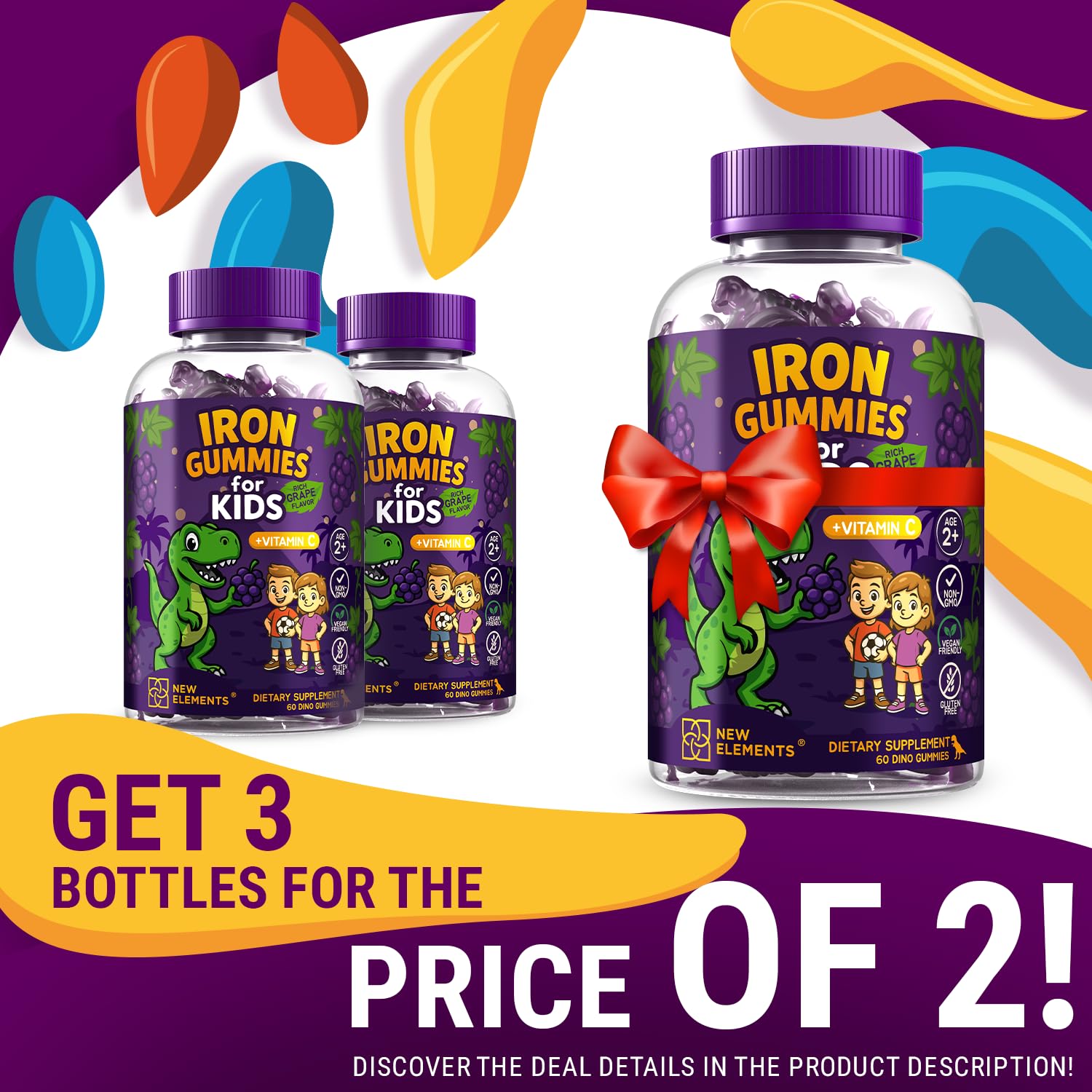 Gominolas Dinosaurio de Hierro New Elements en frasco, sabor a uva, apoyo nutricional suave.