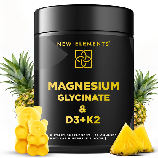 New Elements empaque frontal mostrando las gomitas y beneficios visibles