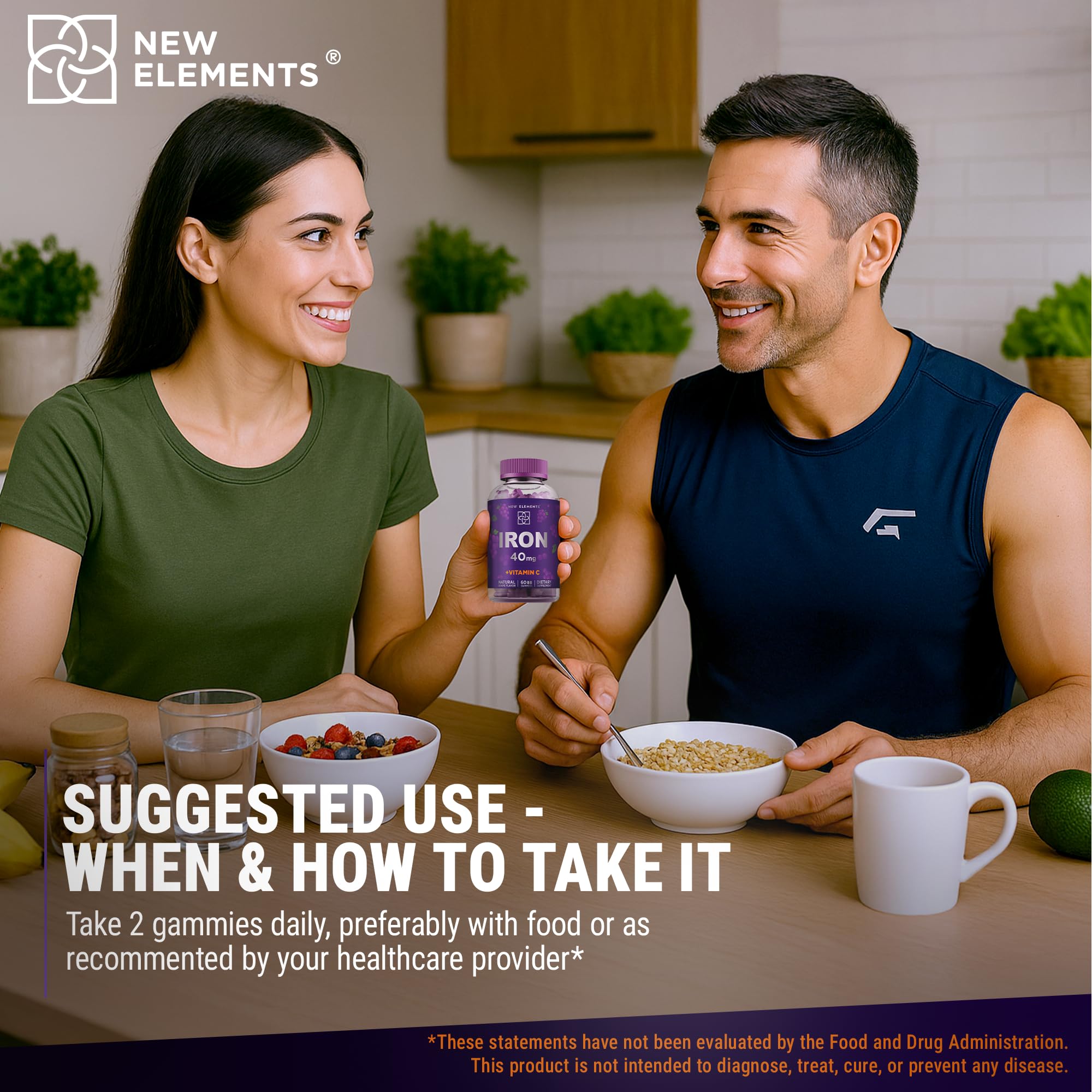 Escena de desayuno con New Elements cerca, integración en rutina matutina para energía