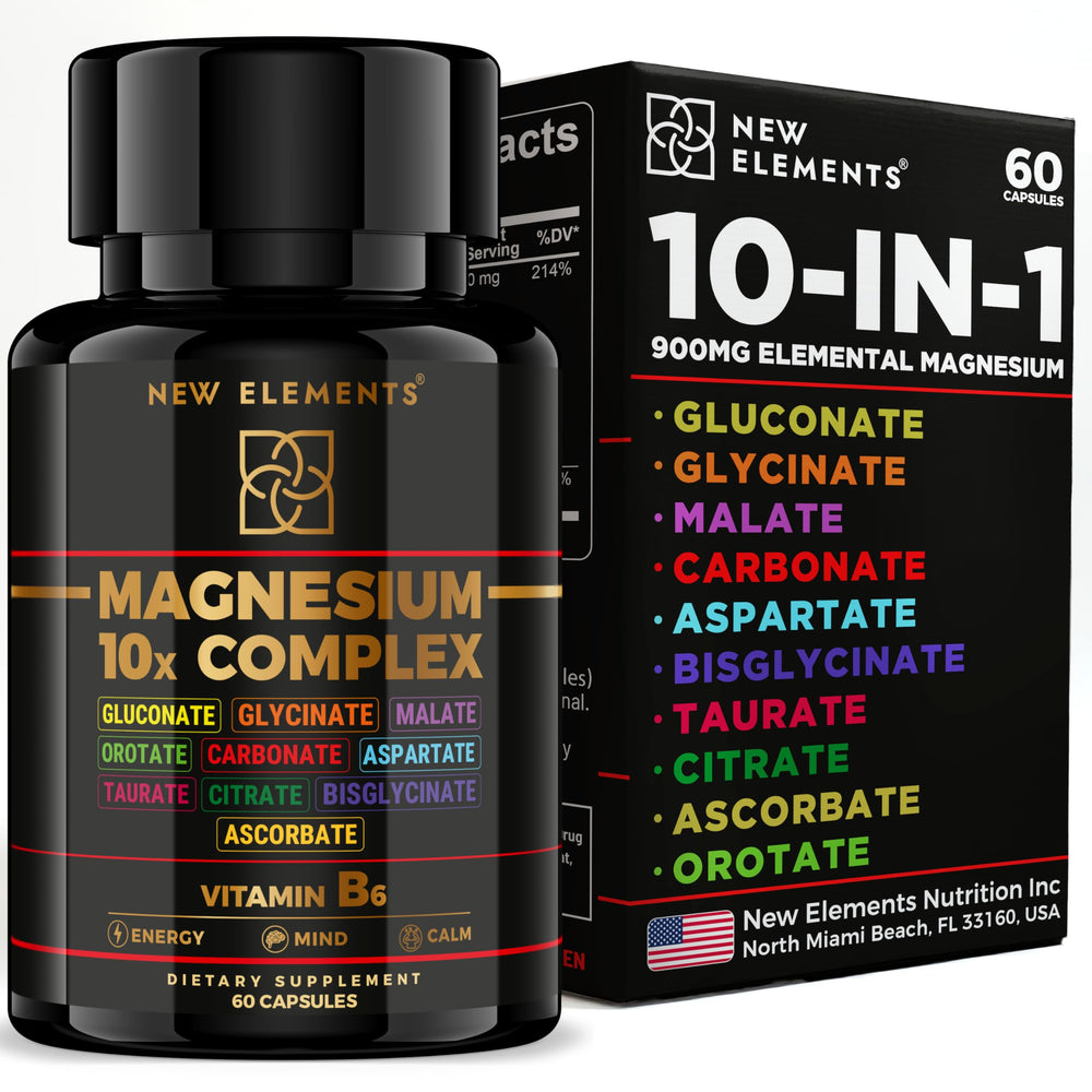 New Elements envase frontal del Magnesium 10X mostrando la marca y beneficio de absorción