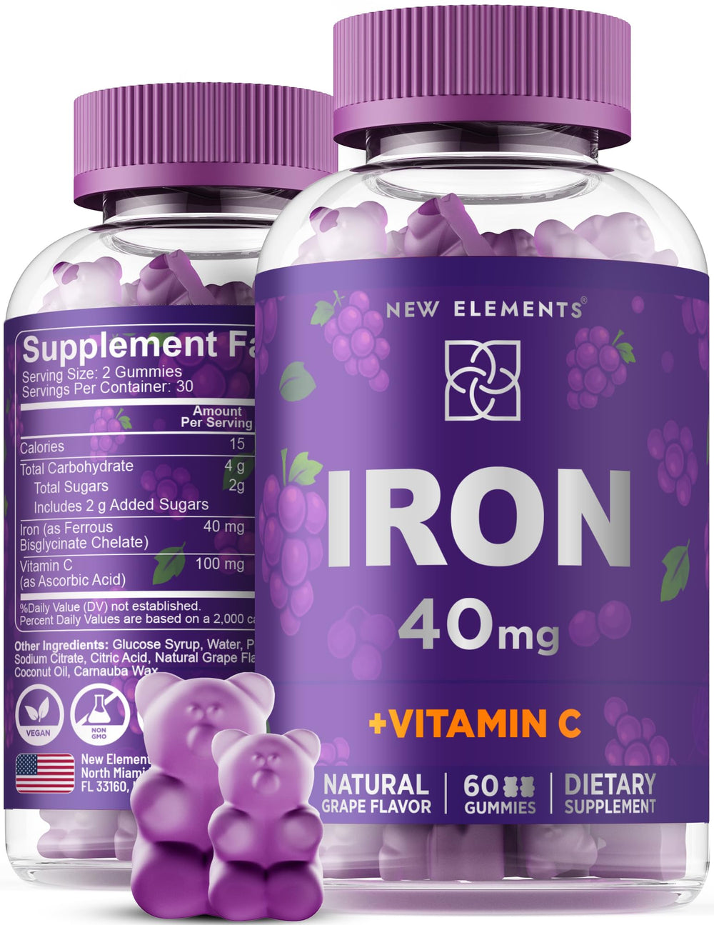 New Elements frente del empaque mostrando hierro 40 mg y vitamina C 100 mg, claro y confiable