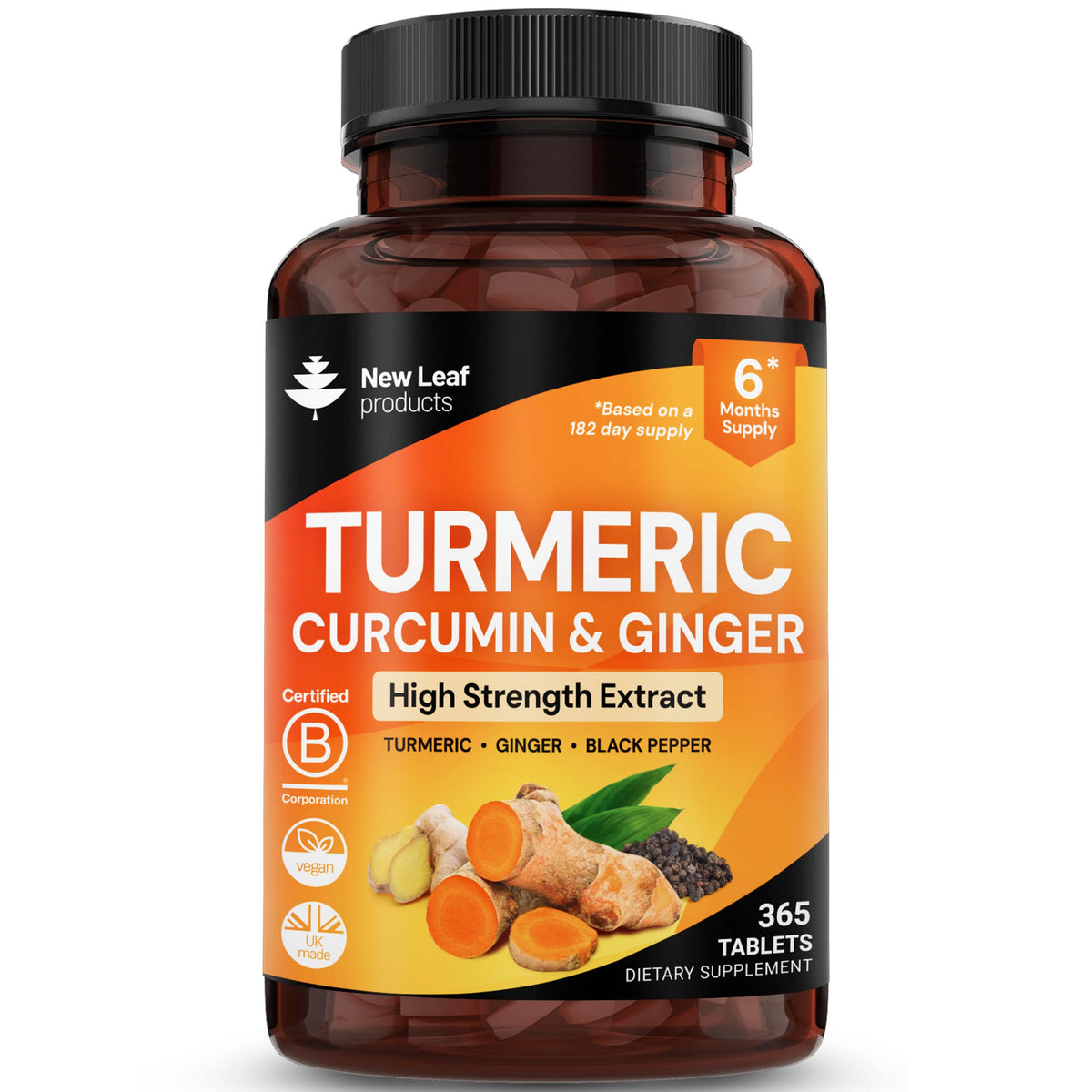 New Leaf frasco frontal mostrando 365 tabletas y marca, conveniencia de seis meses
