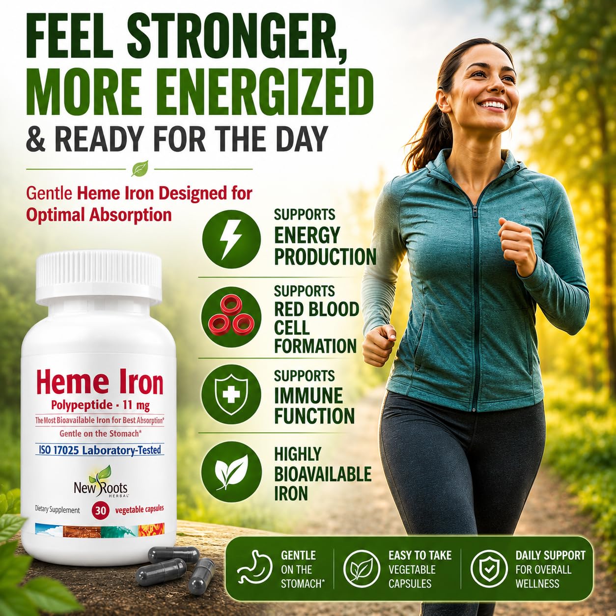 NEW ROOTS HERBAL cápsulas en mano mostrando tamaño fácil de tragar