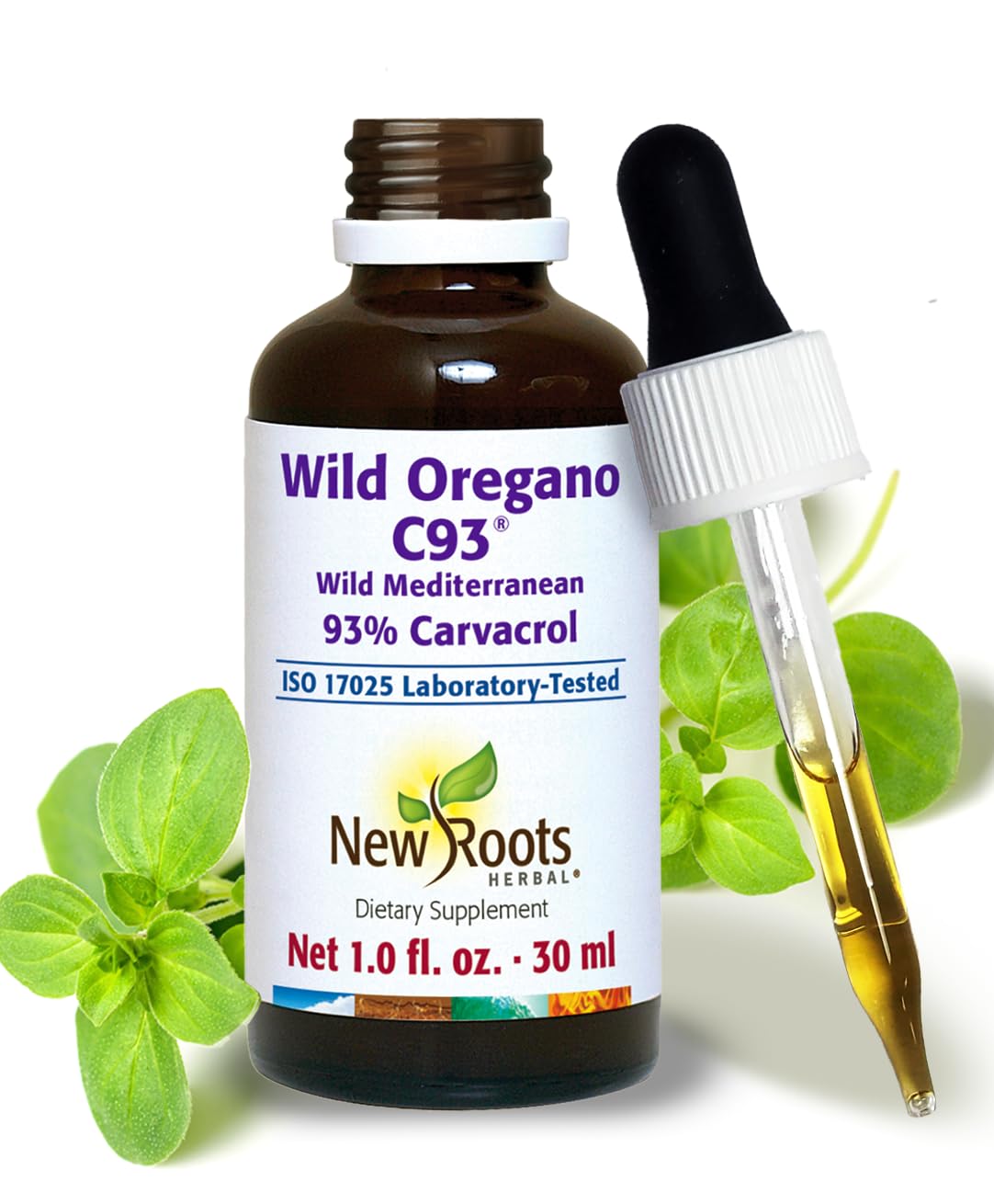 NEW ROOTS HERBAL frasco frontal mostrando etiqueta clara y pureza