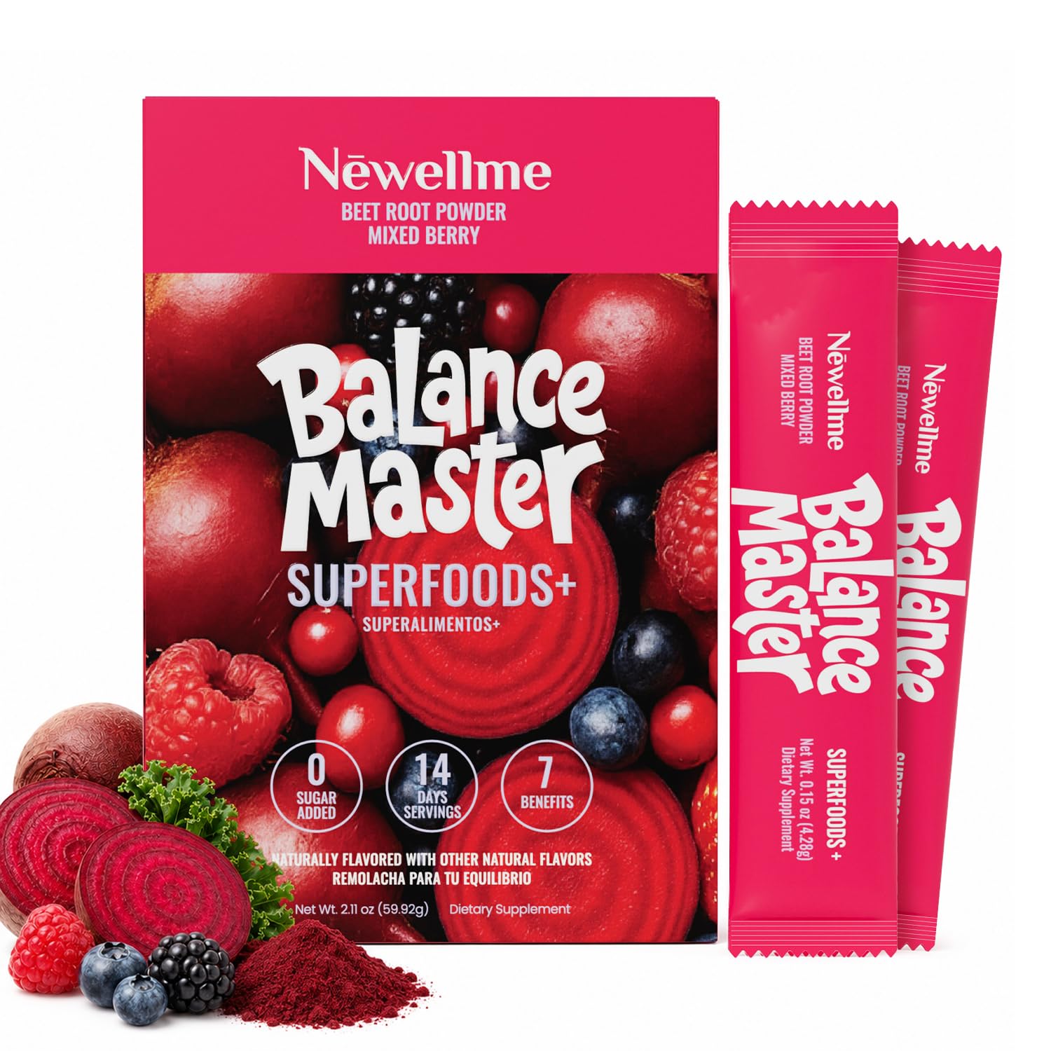 NEWELLME paquete frontal Balance Master mostrando 14 sobres, conveniencia portátil