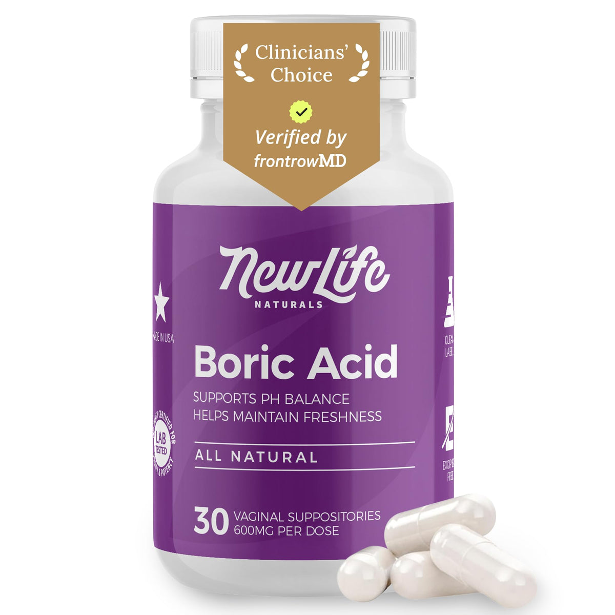 NewLife Naturals empaque frontal mostrando 30 supositorios y beneficios claros