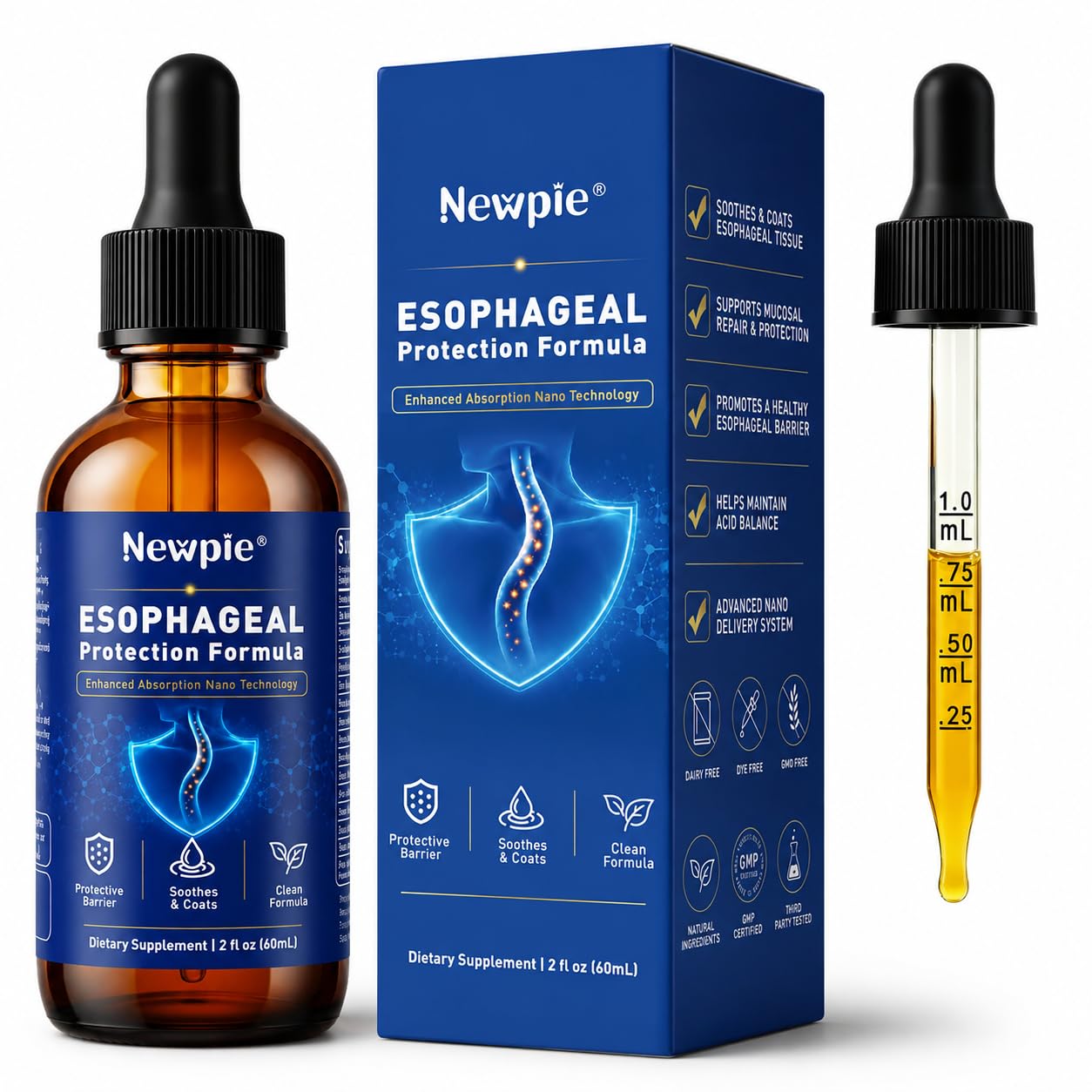 Newpie botella frontal mostrando etiqueta clara y beneficios