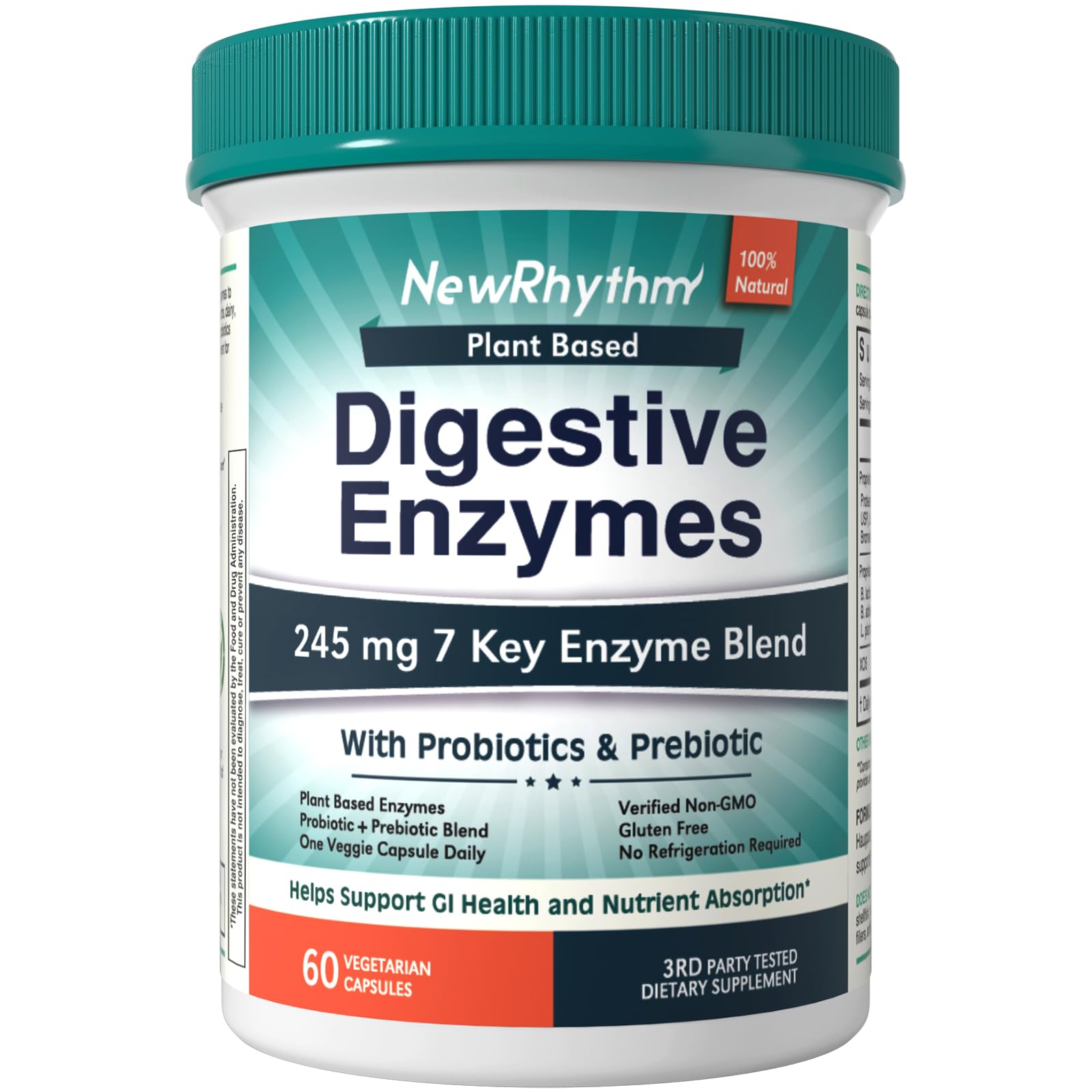 NewRhythm envase frontal mostrando 60 cápsulas y beneficios digestivos