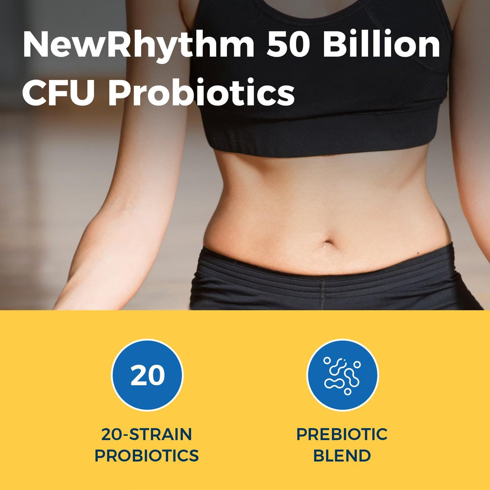 NewRhythm Probiotics bottle back highlighting ingredients