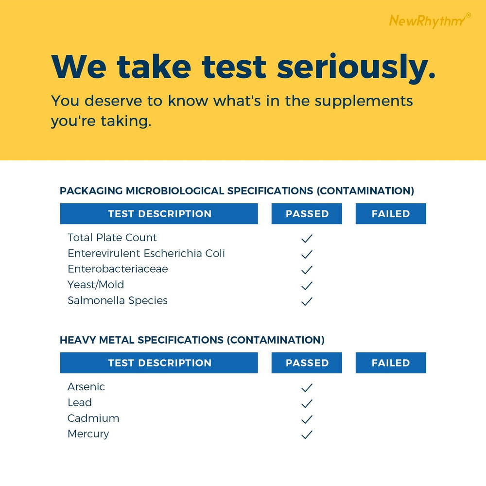 NewRhythm Probiotics ingredients panel featuring natural non-GMO gluten-free items