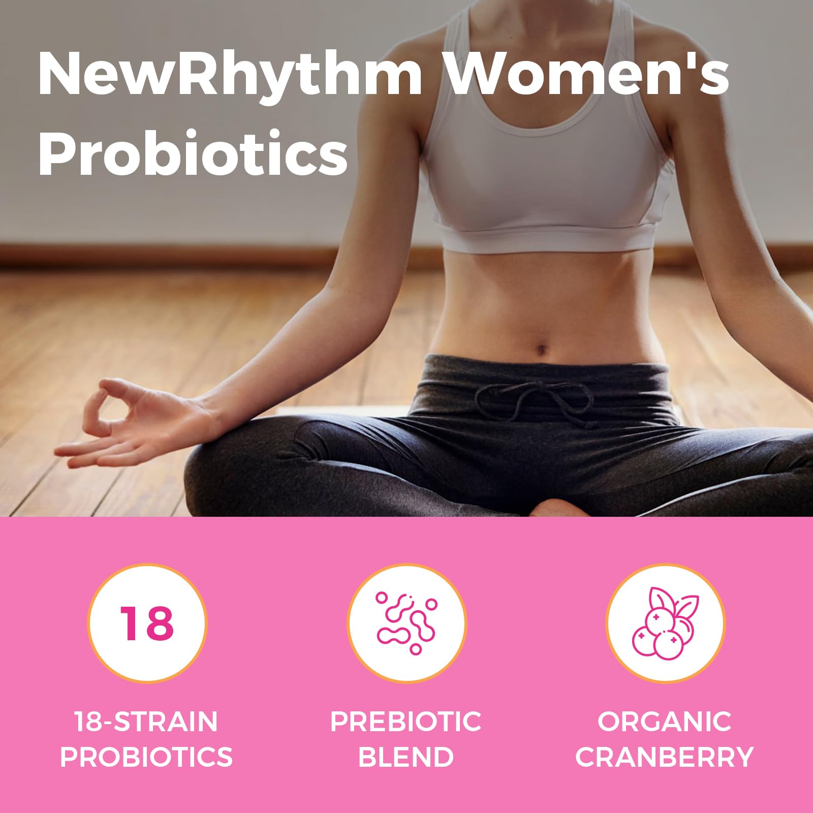 NewRhythm polvo y cápsulas que ilustran la mezcla probiótica y prebiótica