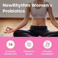 NewRhythm polvo y cápsulas que ilustran la mezcla probiótica y prebiótica