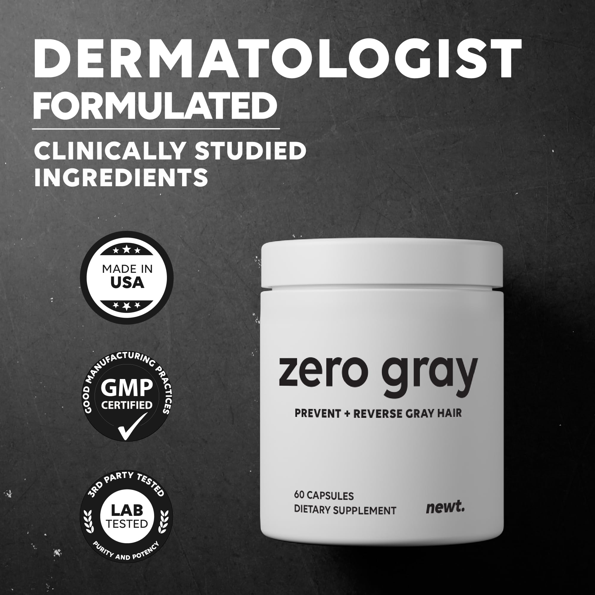 Newt ZERO GRAY ingredientes clave sobre fondo claro, claridad y apoyo