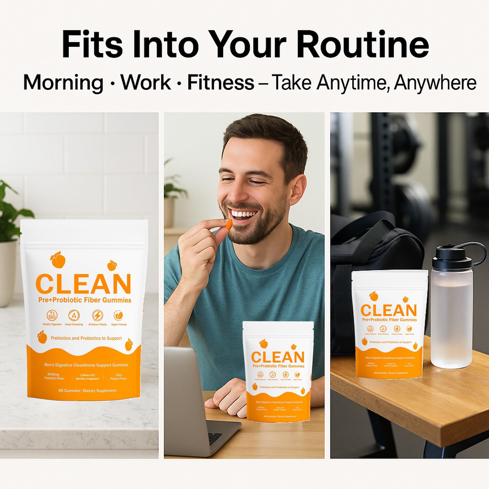 NEWUREHO gominolas en mesa de desayuno con hombre activo, bienestar diario