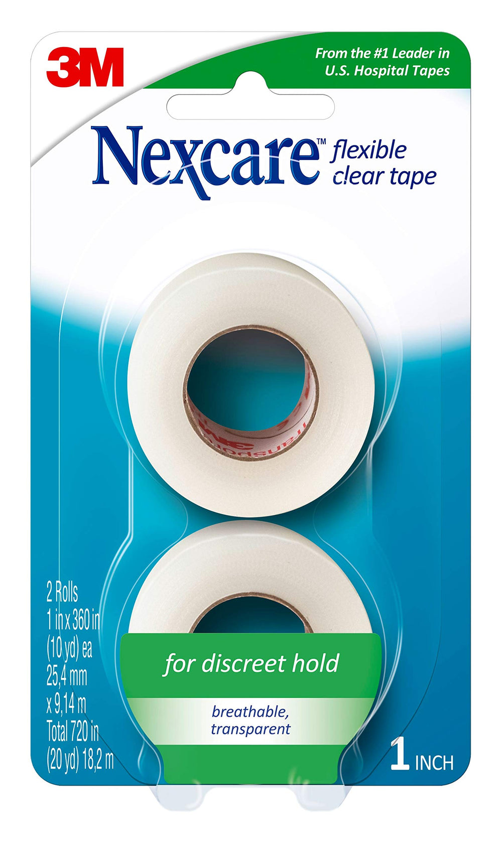 Nexcare caja y rollos frontales mostrando dos rollos para almacenamiento práctico
