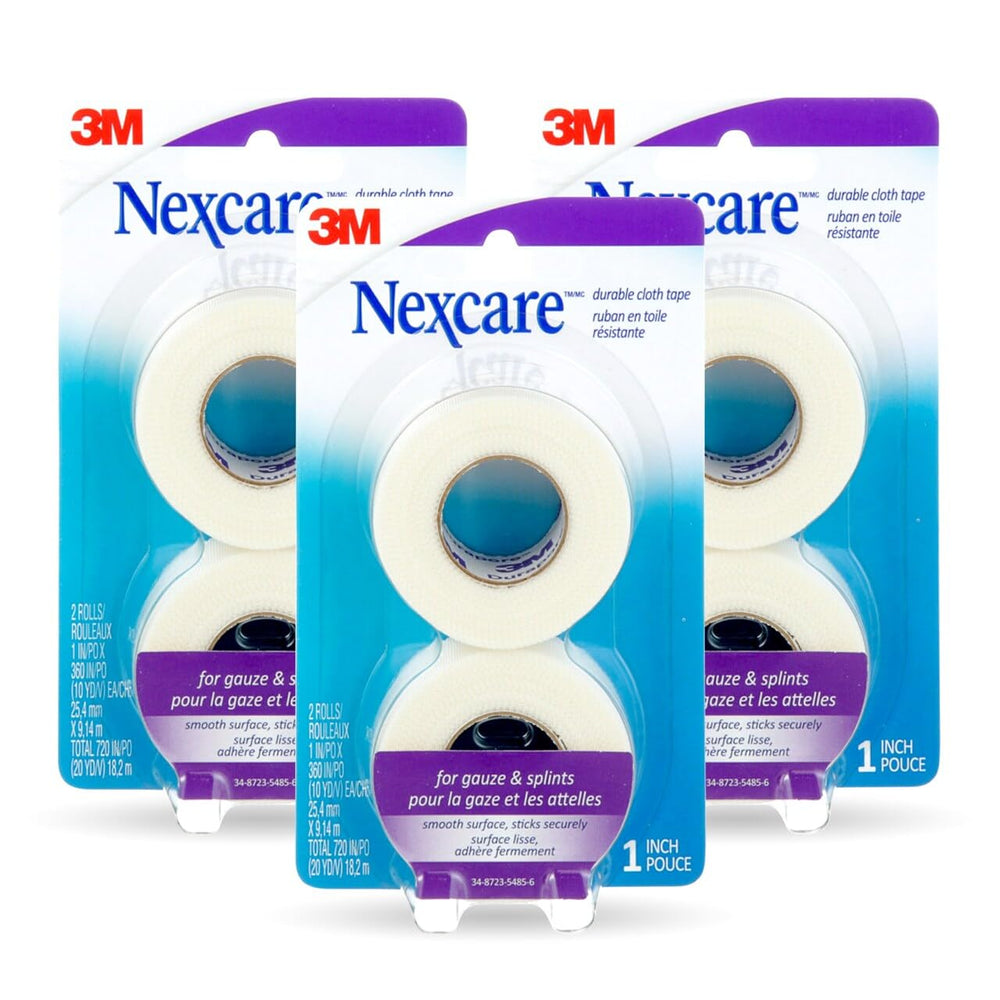 Nexcare vista frontal del empaque mostrando 6 rollos y beneficio de abastecimiento