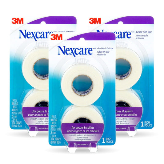 Nexcare vista frontal del empaque mostrando 6 rollos y beneficio de abastecimiento
