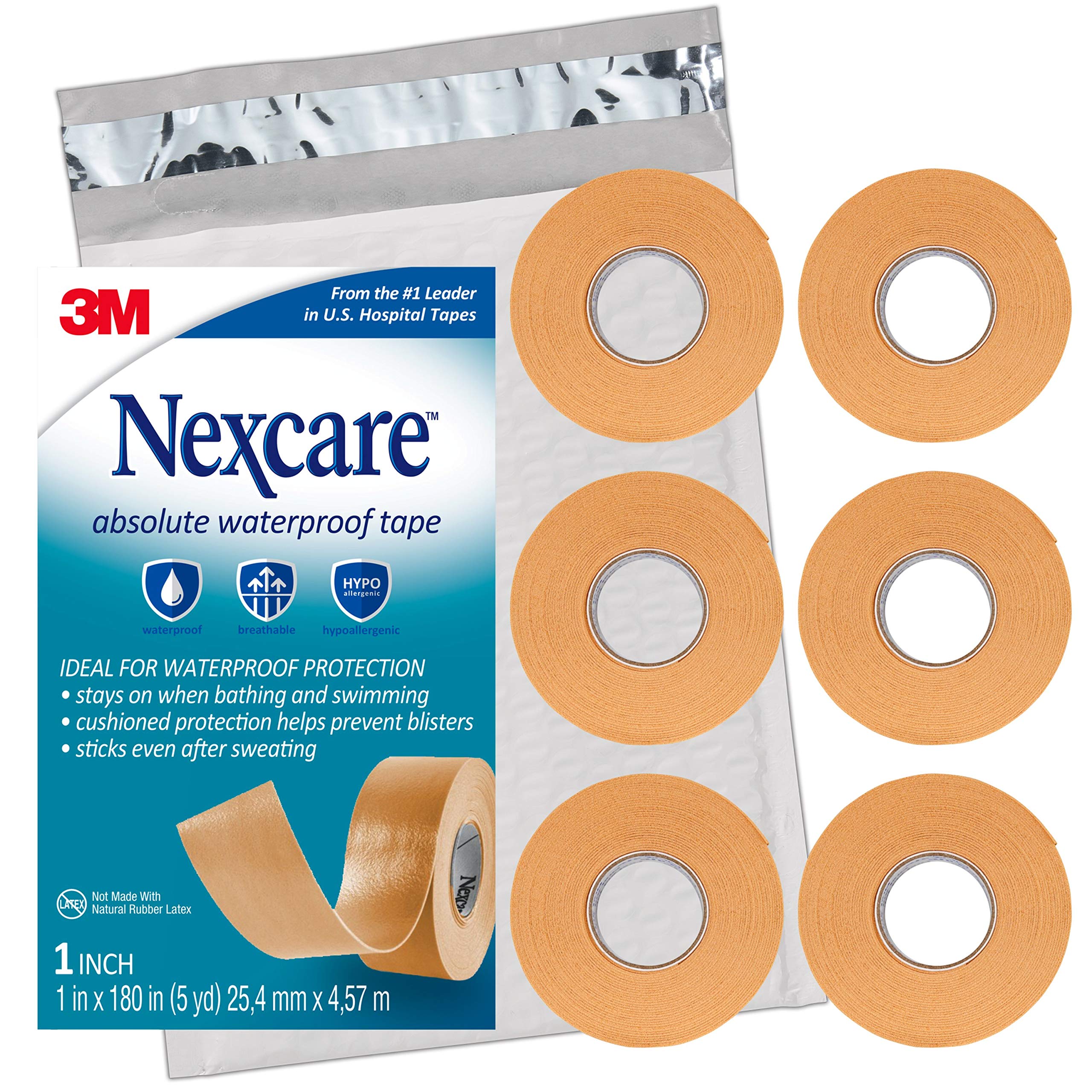 Nexcare frente del empaque mostrando los seis rollos y características