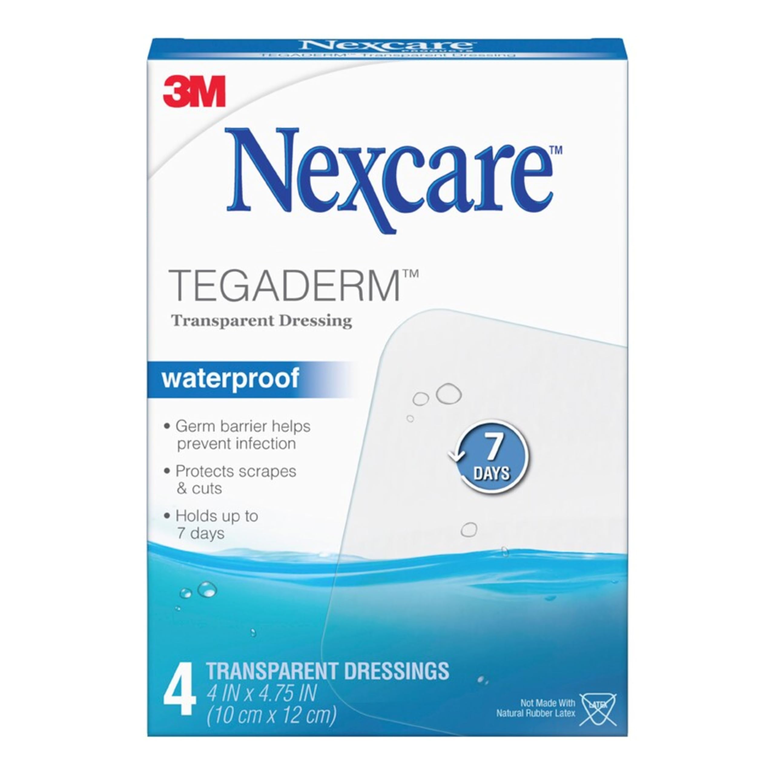 nexcare empaque frontal del producto muestra cuatro apósitos resistentes