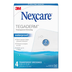 nexcare empaque frontal del producto muestra cuatro apósitos resistentes