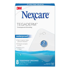 Nexcare Tegaderm vista frontal mostrando el apósito transparente y perfil bajo