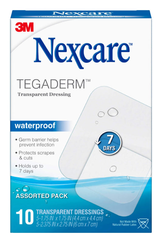 Nexcare Tegaderm pack de 10 unidades mostrando caja y vendajes, protección fiable