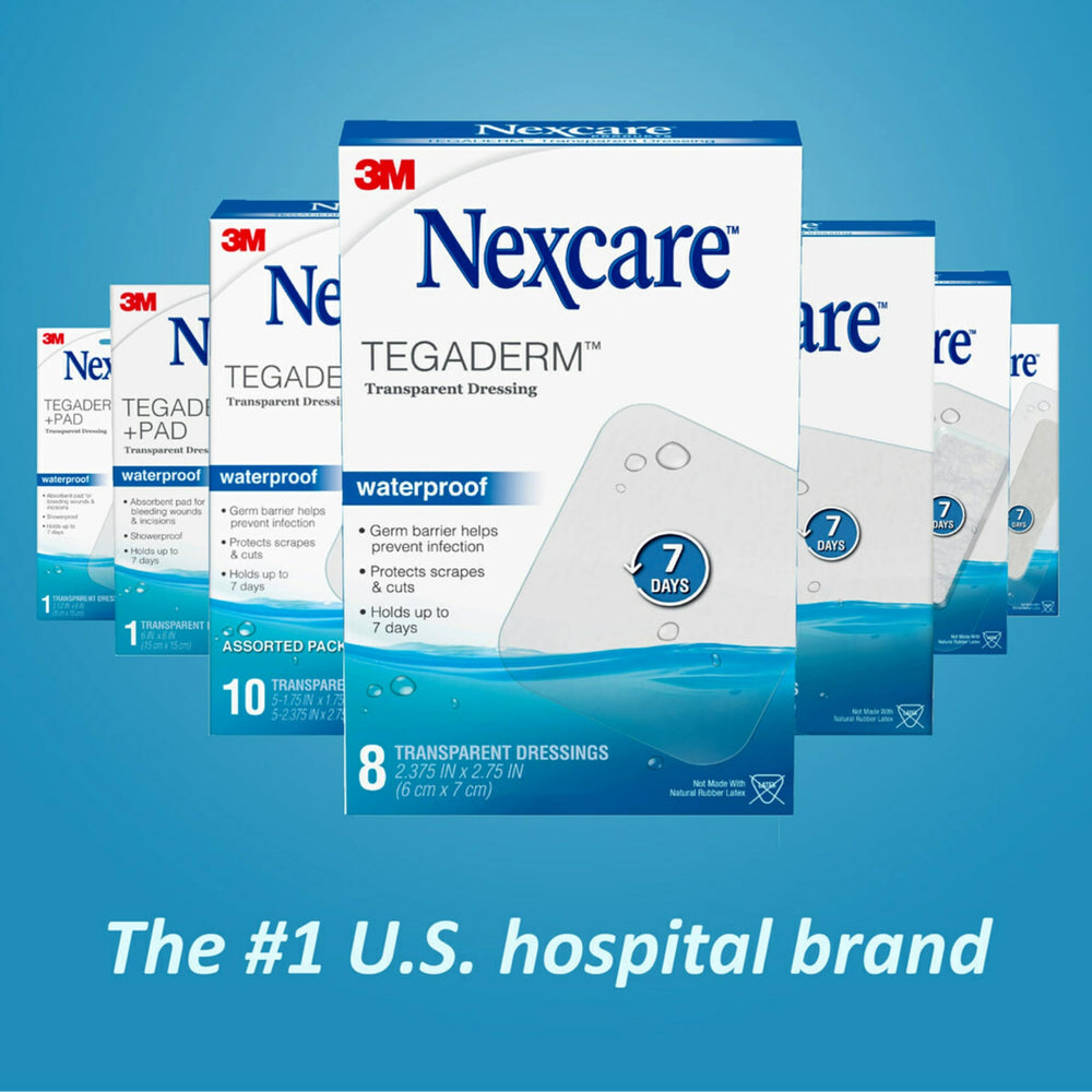 Nexcare Tegaderm transparente encima de raspadura, permite inspección sin remover