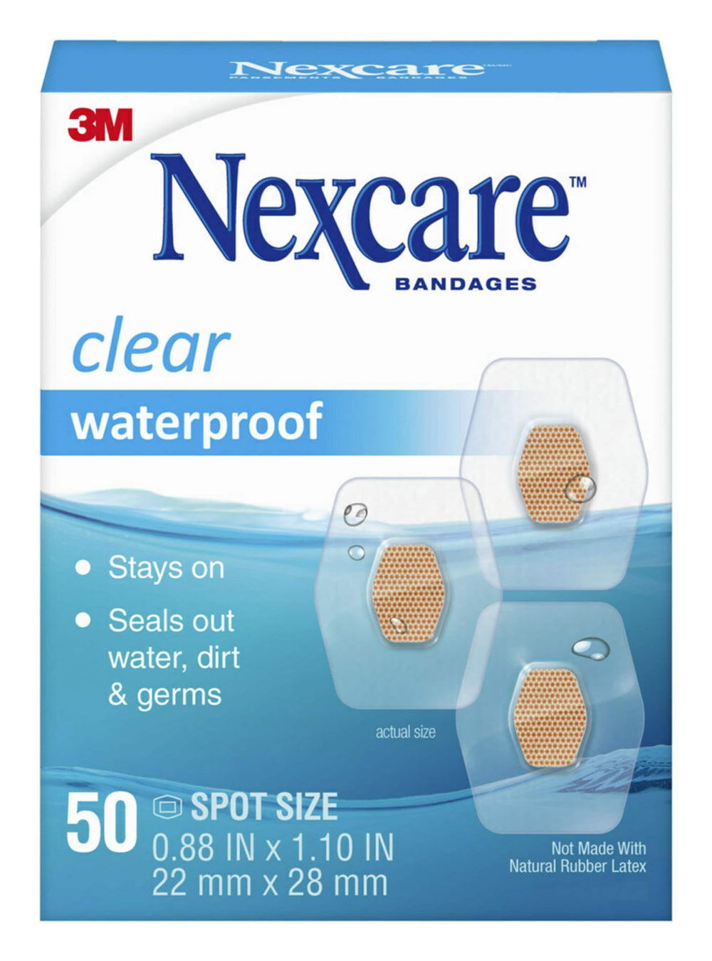 Nexcare vista frontal del empaque con 50 vendajes para protección impermeable