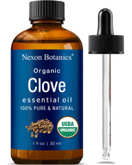 Nexon Botanics frasco frontal mostrando aceite de clavo, pureza orgánica