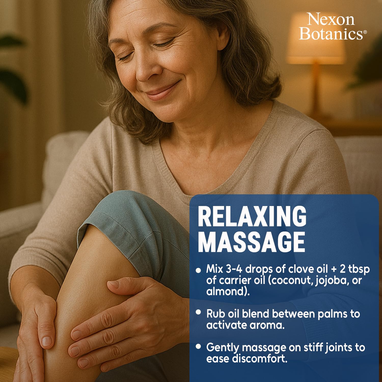 Mezcla de masaje con Nexon Botanics clavo sobre palma, comodidad corporal