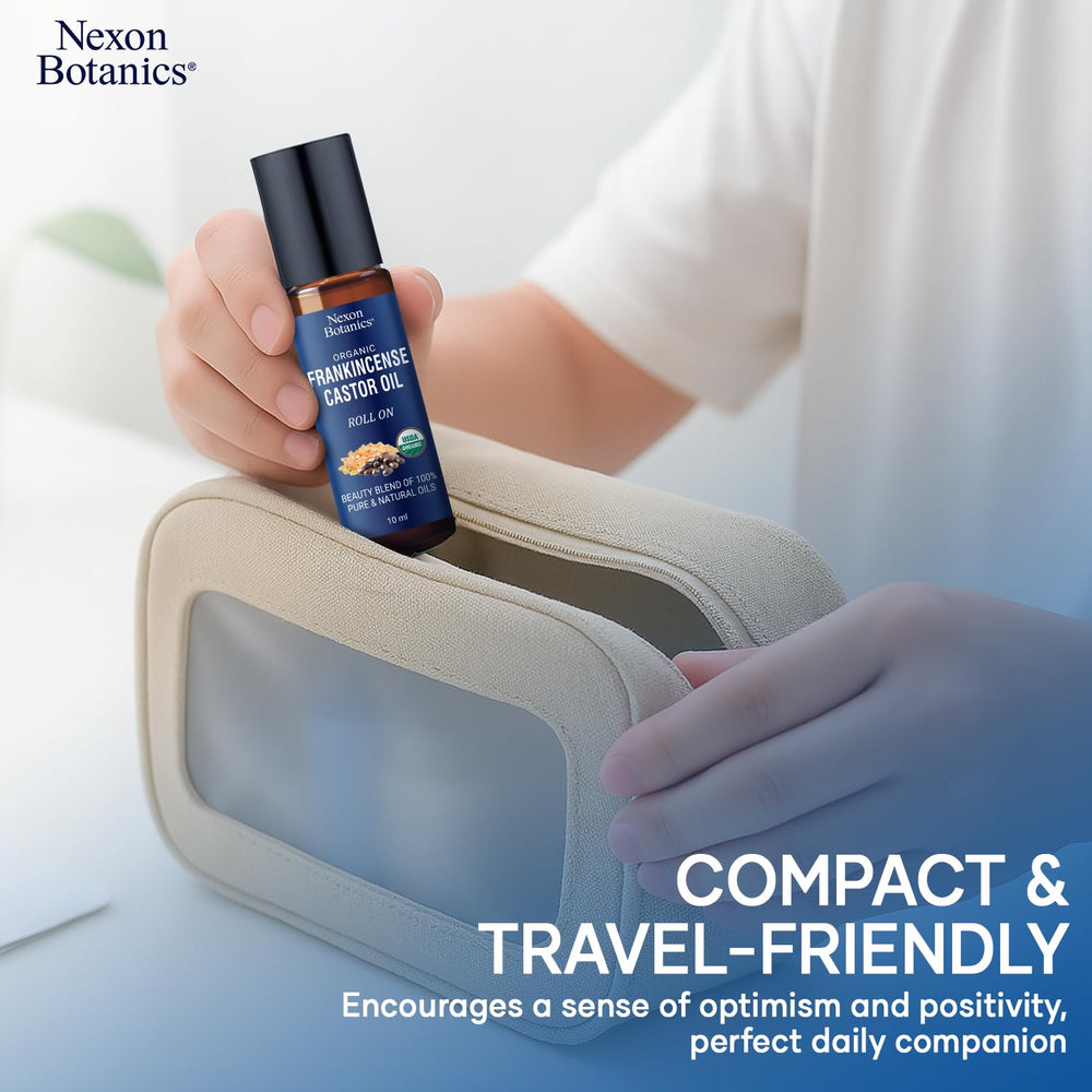 Nexon Botanics frascos de ricino e incienso, enfoque en ingredientes naturales