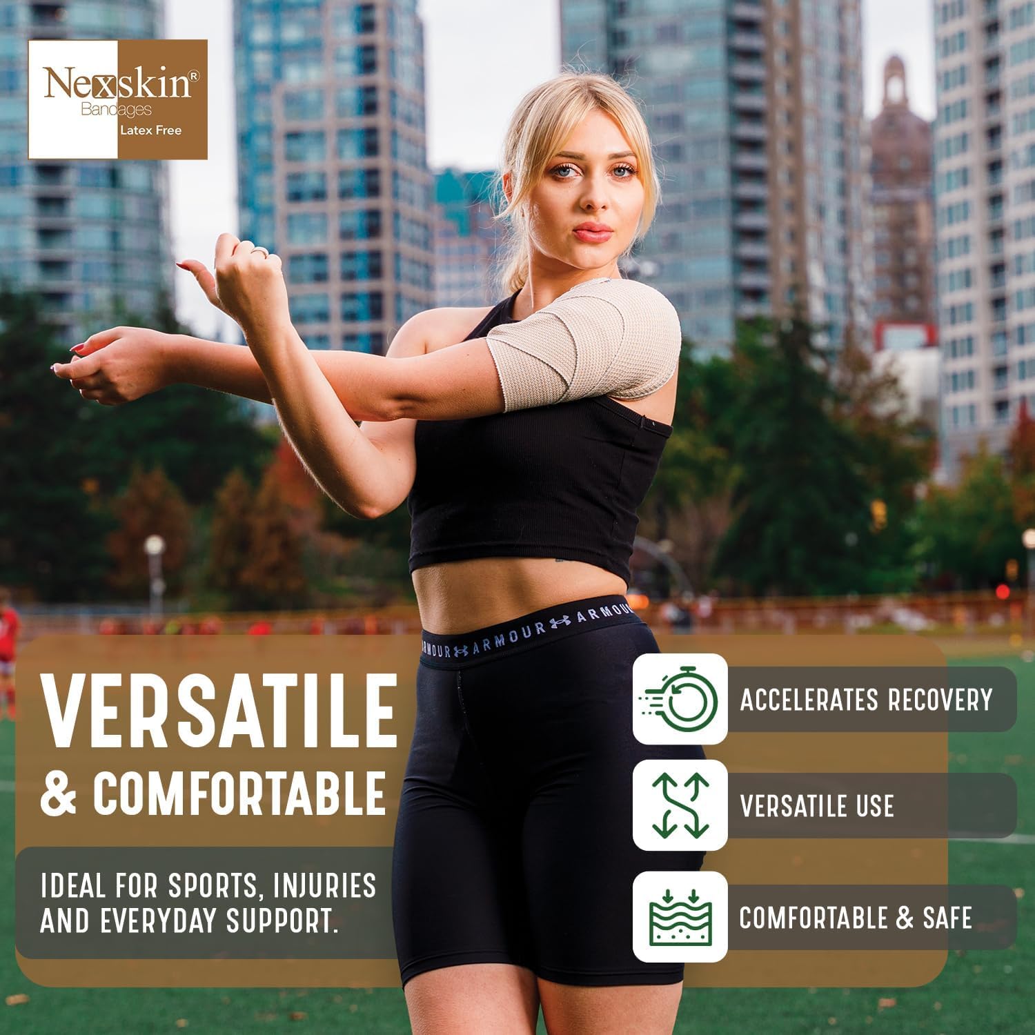 NexSkin venda aplicada en tobillo mostrando soporte estable y cómodo