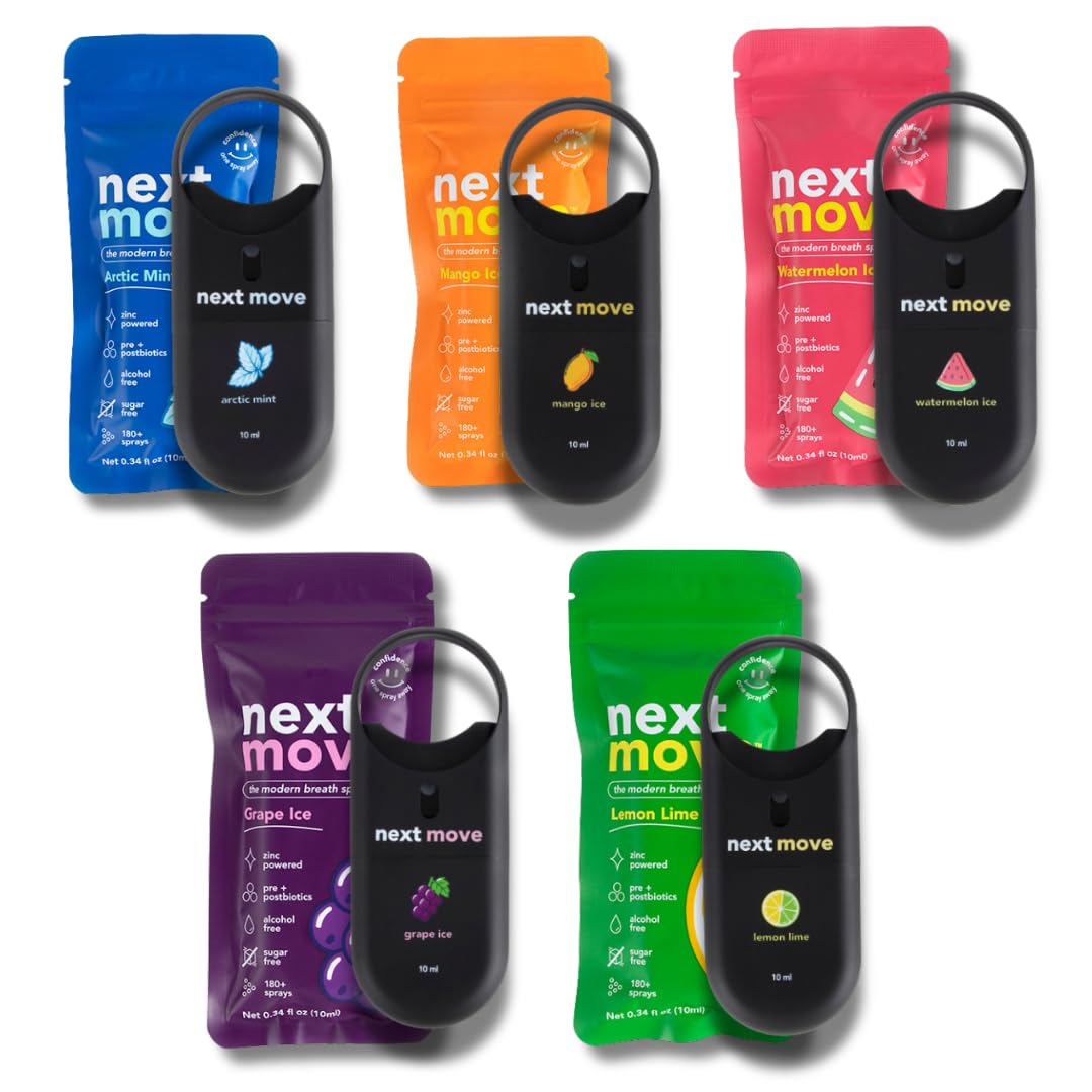 Next Move pack frontal mostrando las cinco botellas y variedad de sabores