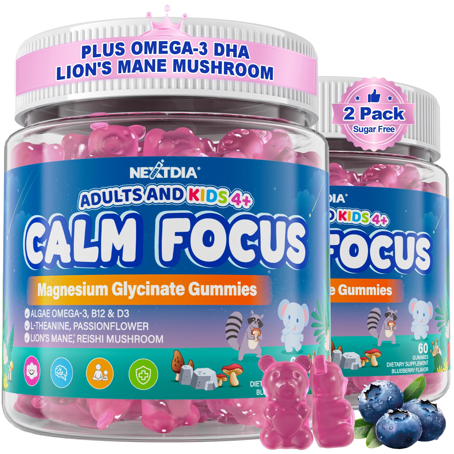Nextdia envase frontal de gomitas 120 ct para calma y enfoque, presentación clara