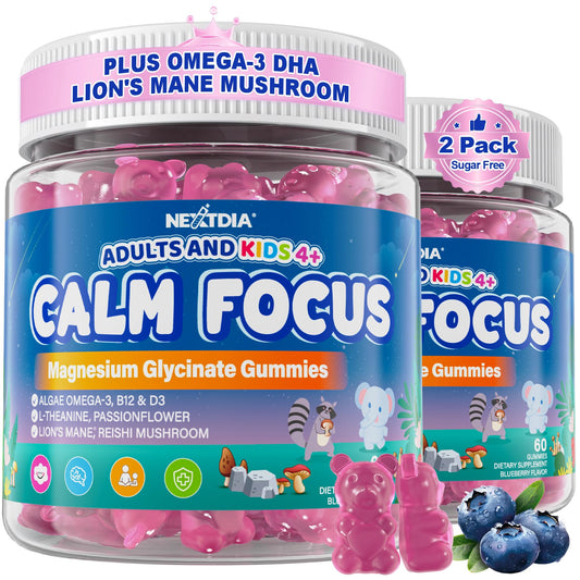 Nextdia envase frontal de gomitas 120 ct para calma y enfoque, presentación clara