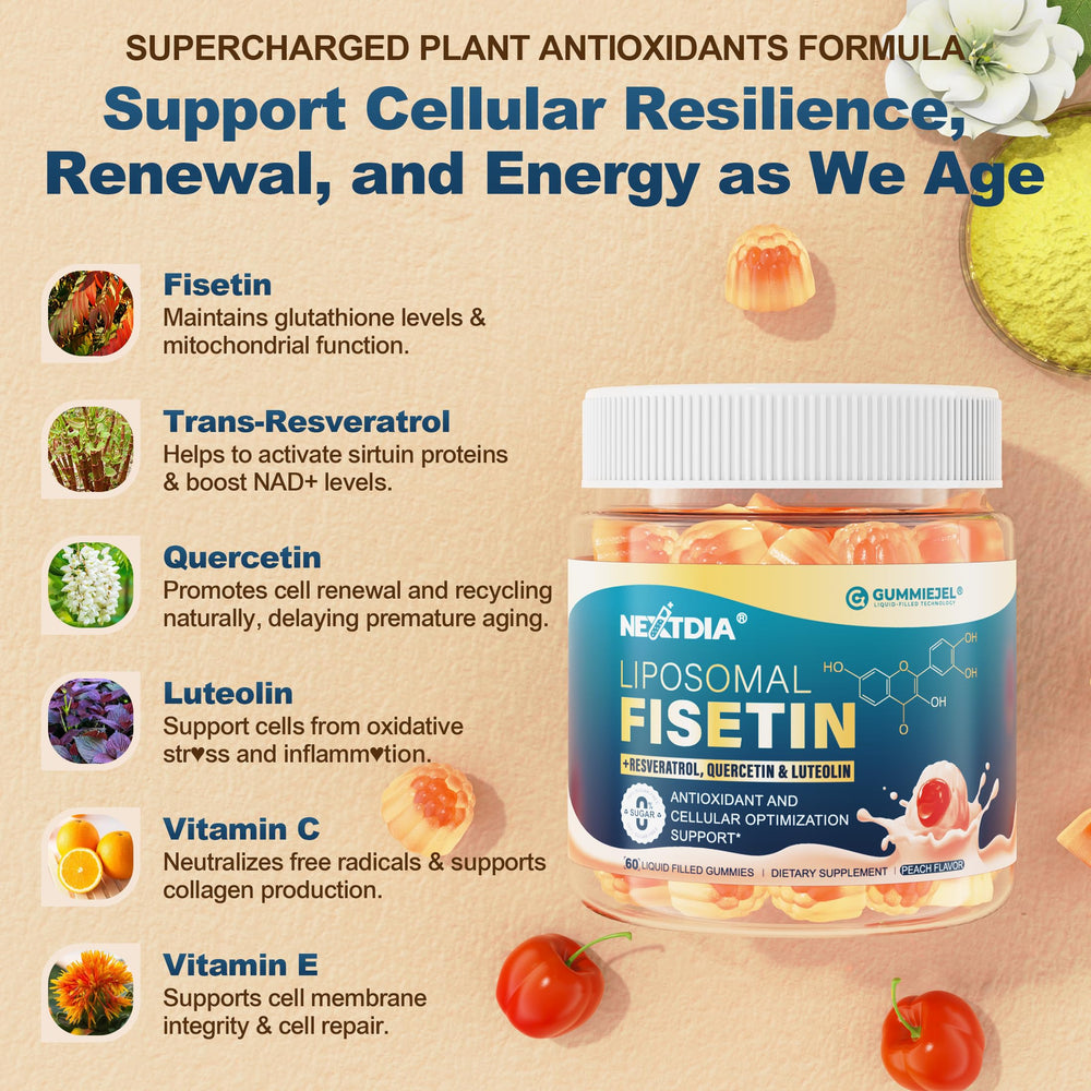 Nextdia etiqueta con ingredientes claves resaltando fisetina y complejo de resveratrol