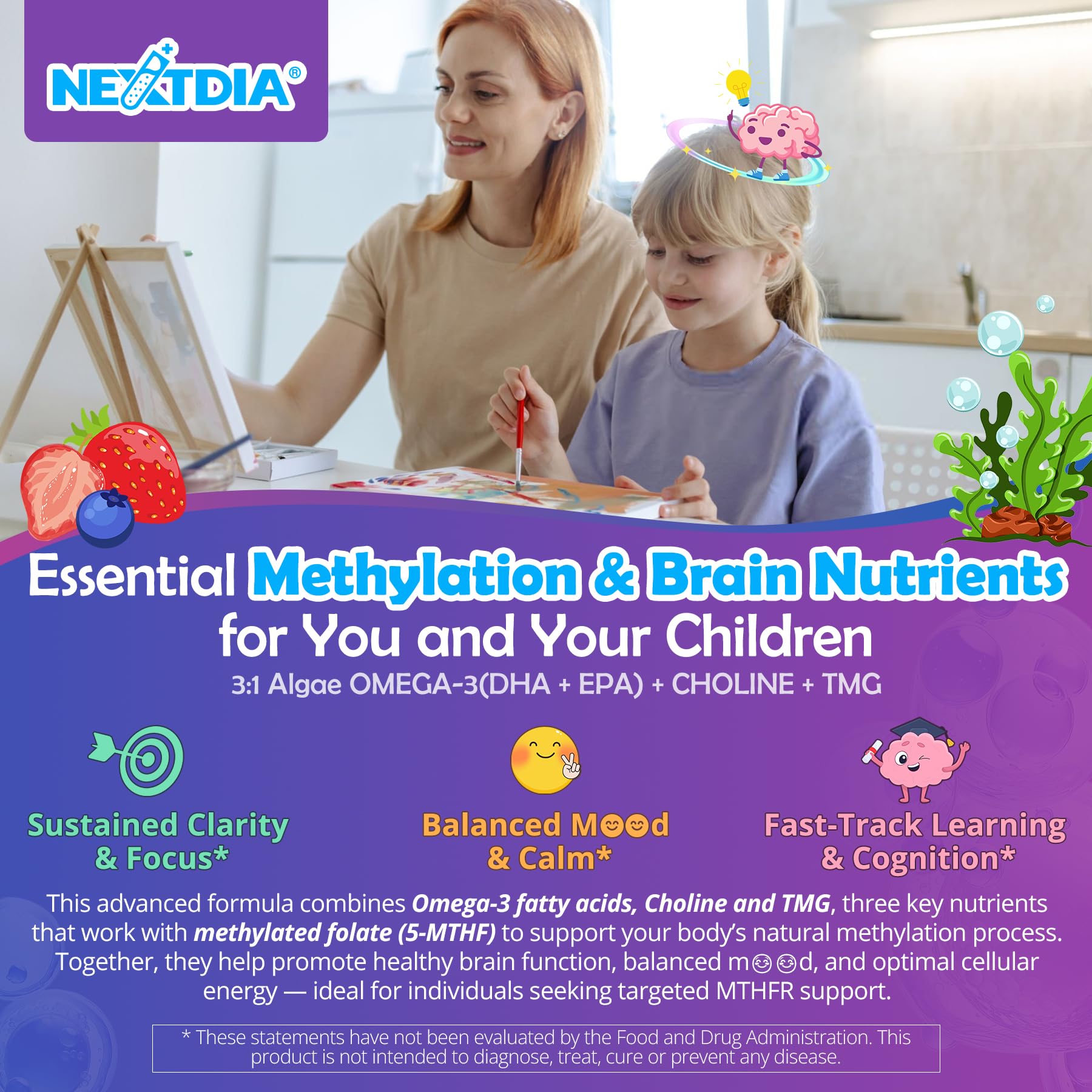 Etiqueta nutricional de Nextdia con información de 5‑MTHF, B12, B6 y Omega‑3
