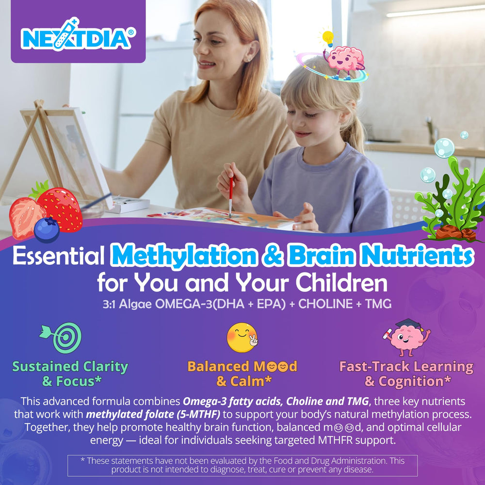 Etiqueta nutricional de Nextdia con información de 5‑MTHF, B12, B6 y Omega‑3