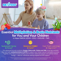 Etiqueta nutricional de Nextdia con información de 5‑MTHF, B12, B6 y Omega‑3