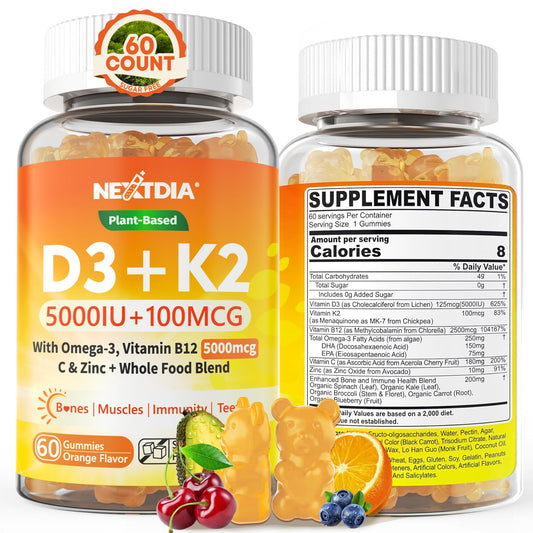 Nextdia envase frontal de gomas D3 K2 mostrando beneficios veganos