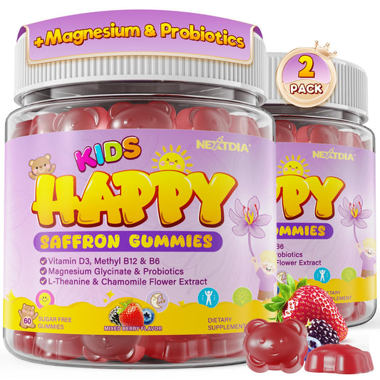 Nextdia empaque frontal Happy Saffron Gummies mostrando diseño y facilidad de uso